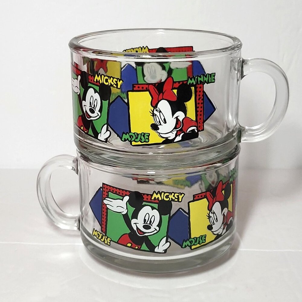 VTG Walt Disney World Mickey & Minnie Mouse Glass Cup Soup Coffee Mug Set Of 2